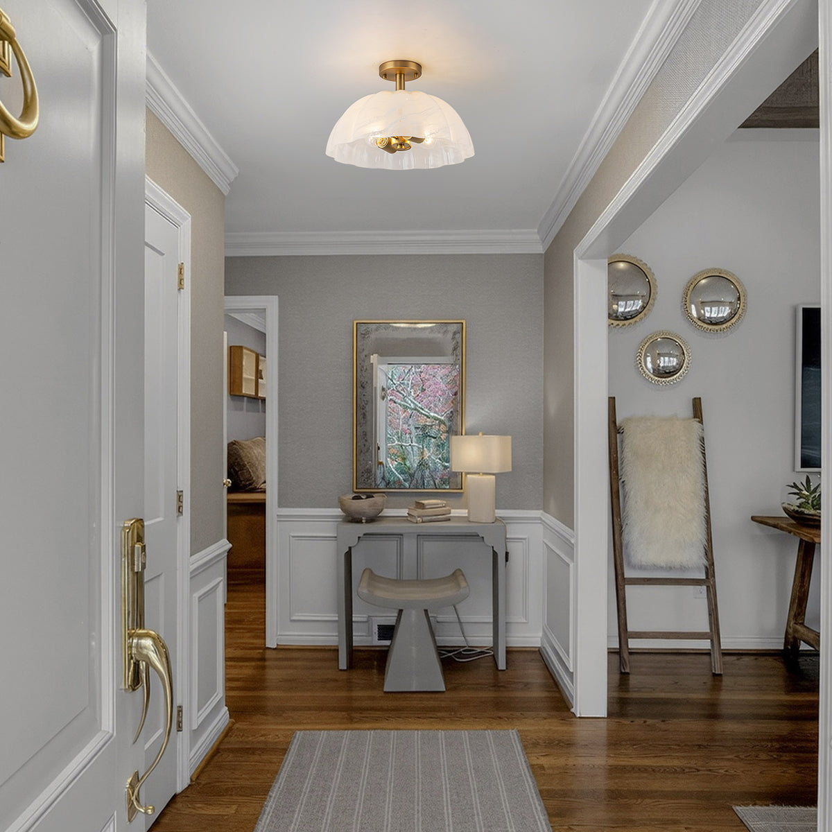 Glowlings Brass 3-Light Scalloped Glass Semi Flush Mount Ceiling Light, Vintage Petal Cloud Glass Light Fixture