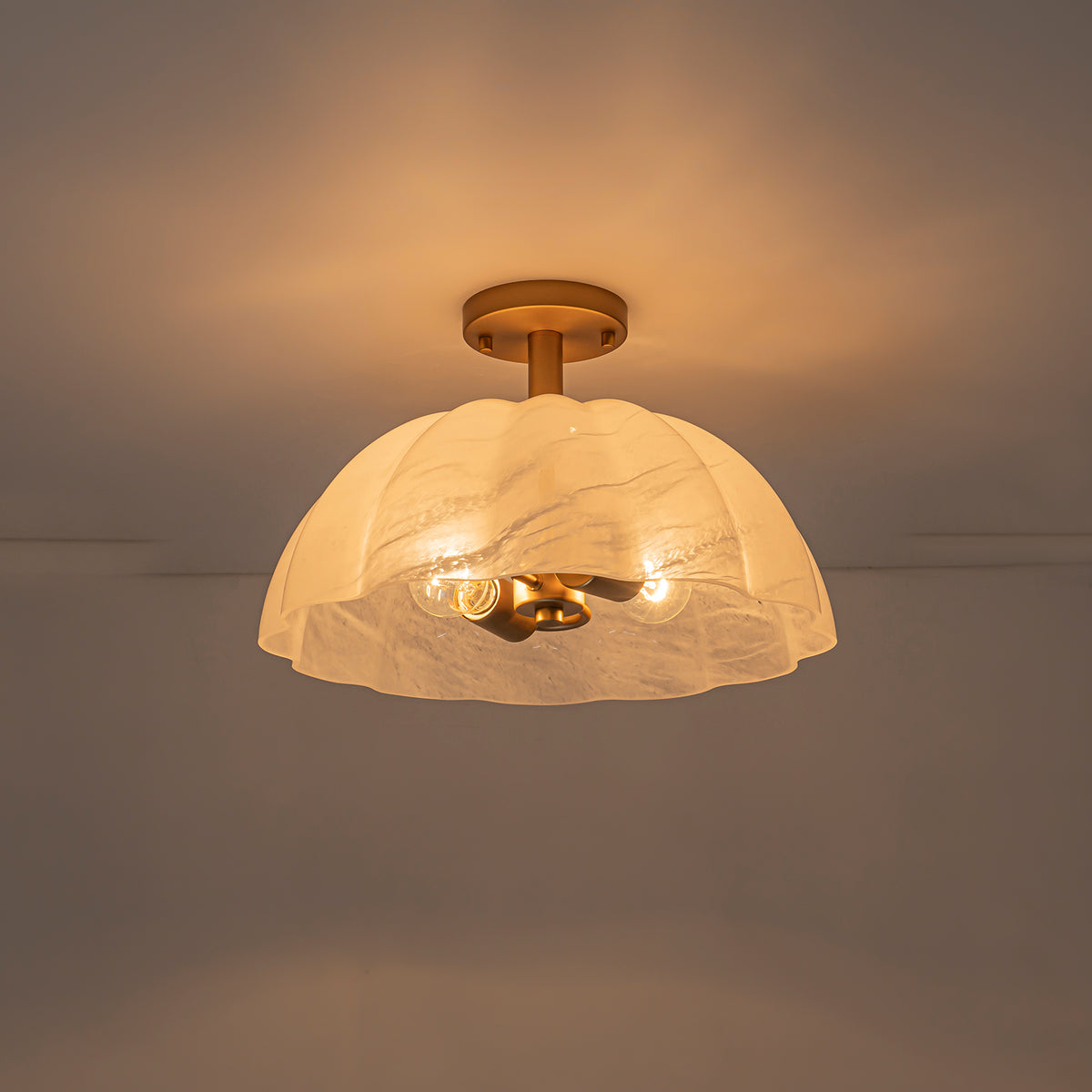 Glowlings Brass 3-Light Scalloped Glass Semi Flush Mount Ceiling Light, Vintage Petal Cloud Glass Light Fixture