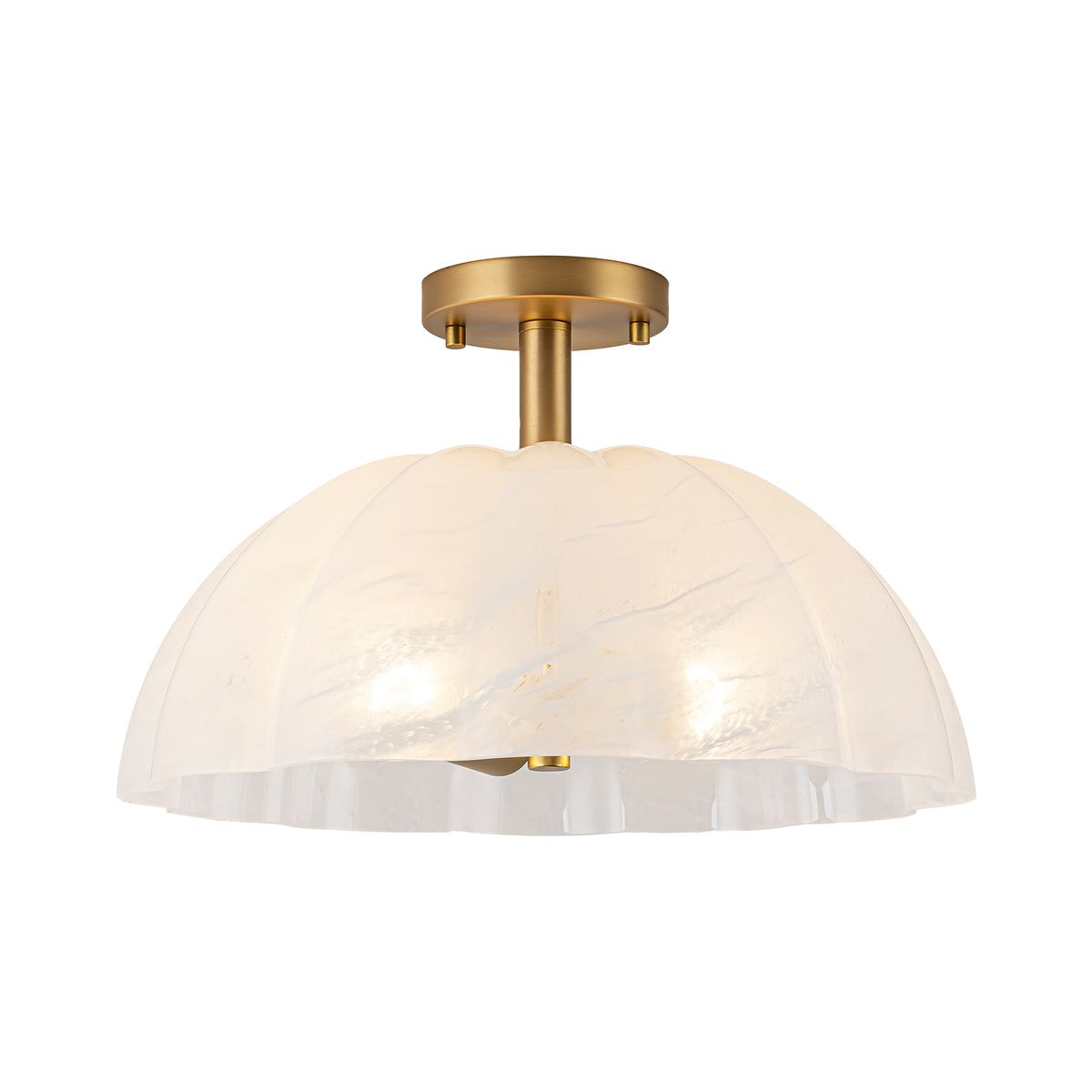 Glowlings Brass 3-Light Scalloped Glass Semi Flush Mount Ceiling Light, Vintage Petal Cloud Glass Light Fixture