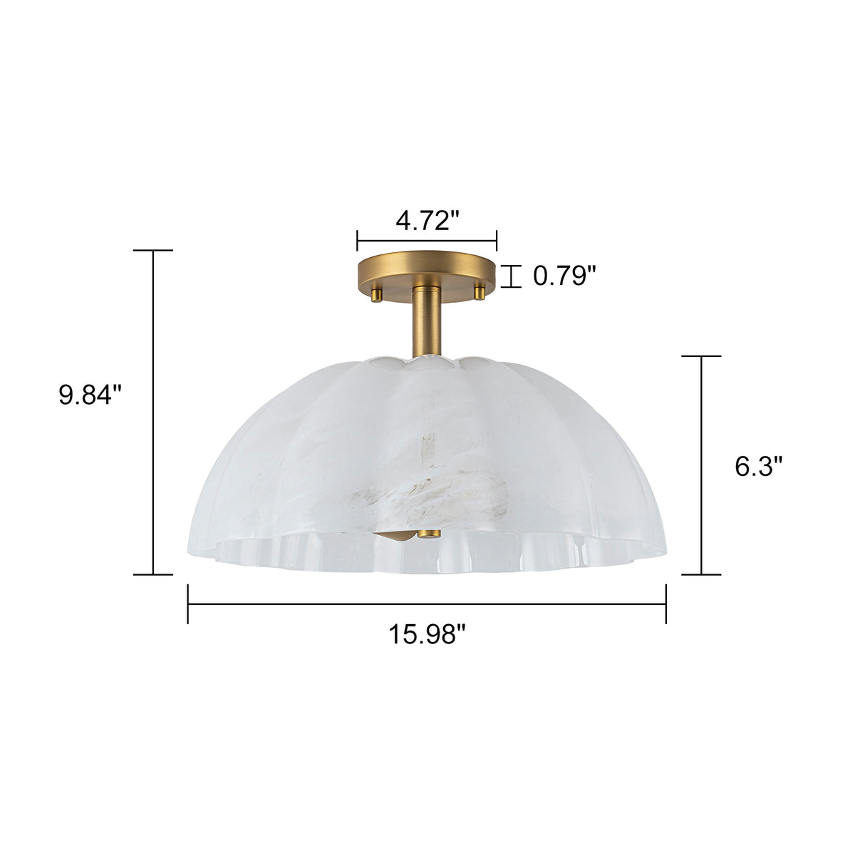 Glowlings Brass 3-Light Scalloped Glass Semi Flush Mount Ceiling Light, Vintage Petal Cloud Glass Light Fixture