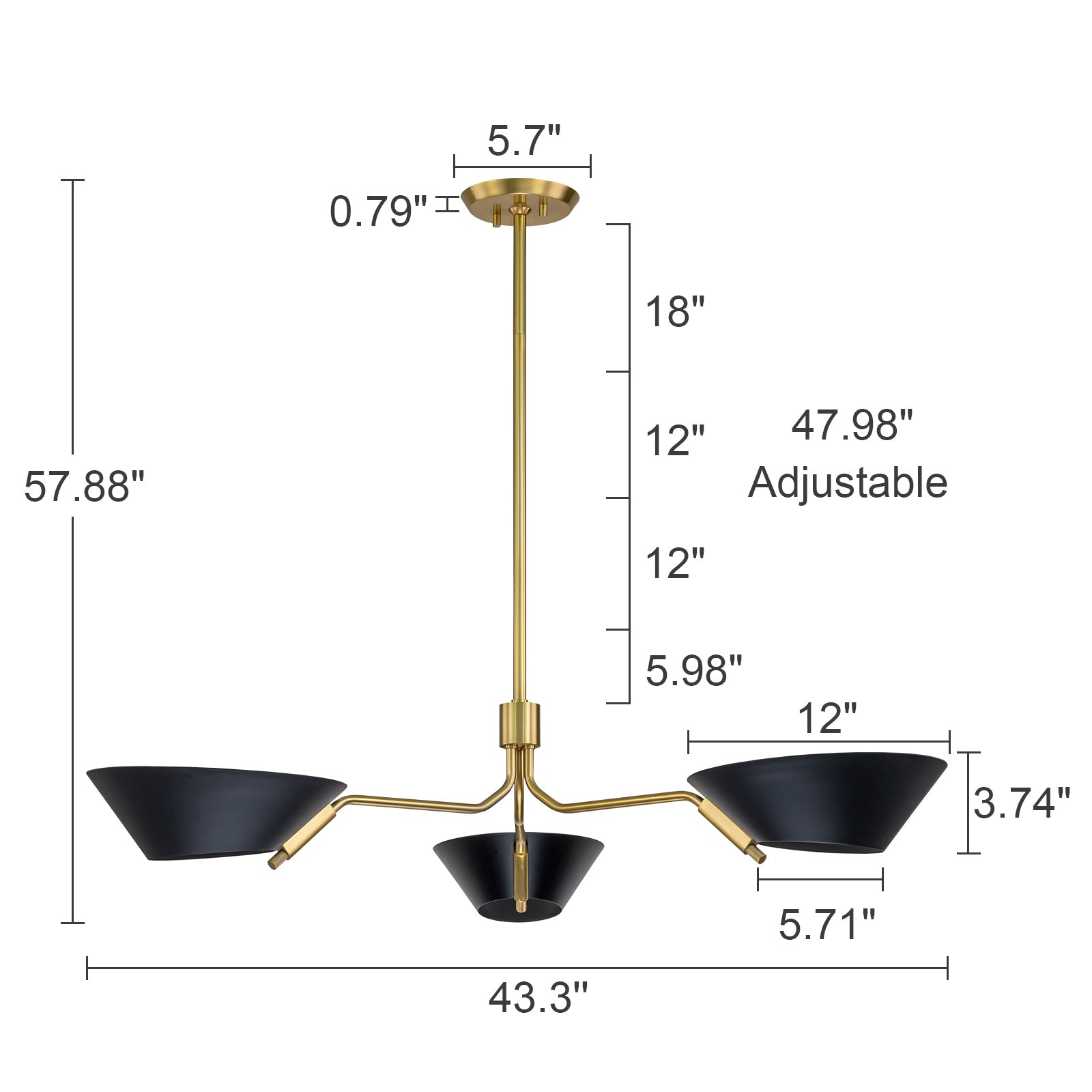 Glowlings 3-Light 43‘’Wide Modern Dimmable Semi-Funnel Linear Chandelier