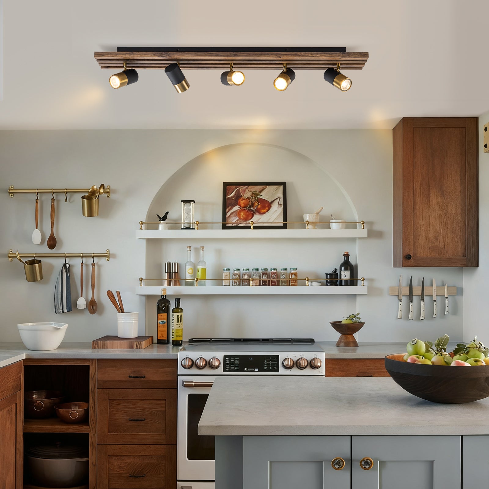 Glowlings 5-Light Farmhouse 40"Wide Linear Wood Flush Mount Spotlight LED Track Light Kit