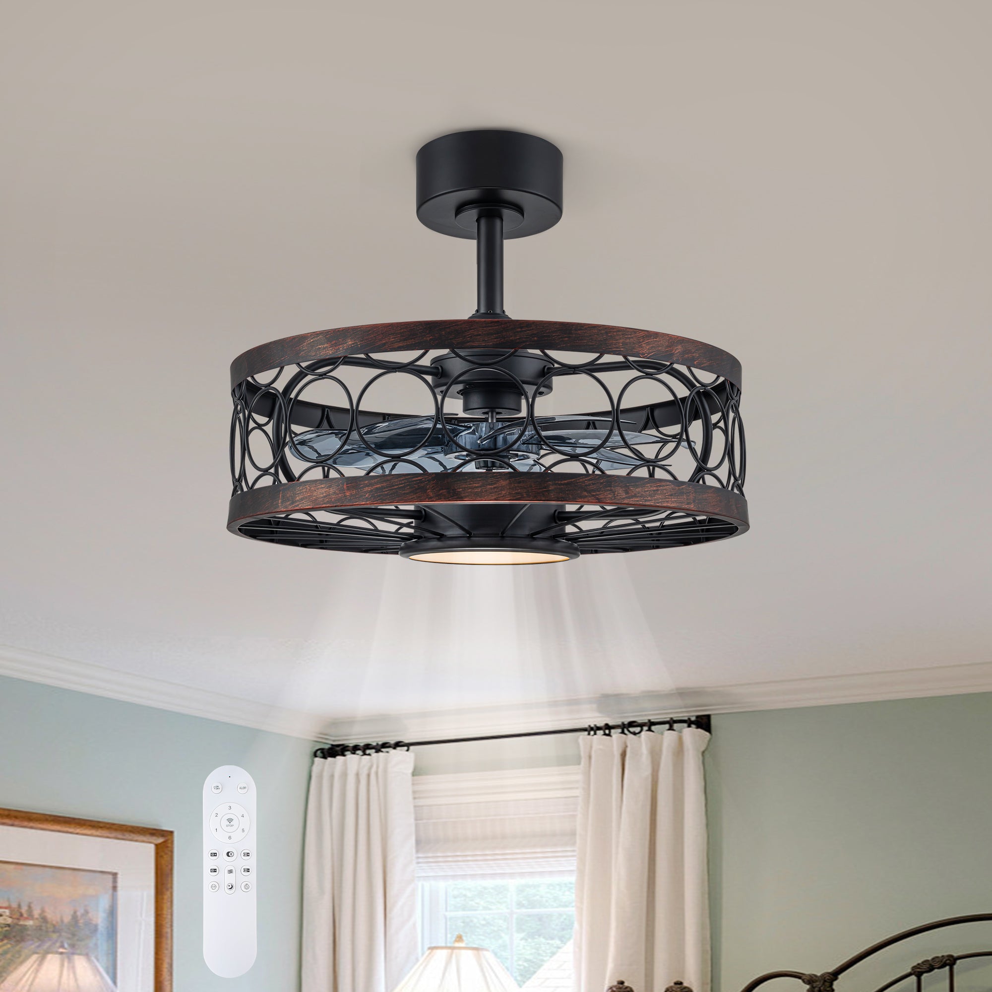 Glowlings Modern Industrial 20" Ceiling Fan with Light - 3-CCT LED Black Caged Fandelier, Low Profile Enclosed Flush Mount Fan with Remote