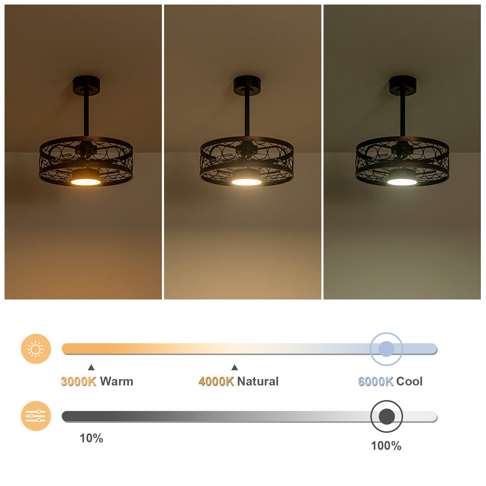 Glowlings Modern Industrial 20" Ceiling Fan with Light - 3-CCT LED Black Caged Fandelier, Low Profile Enclosed Flush Mount Fan with Remote