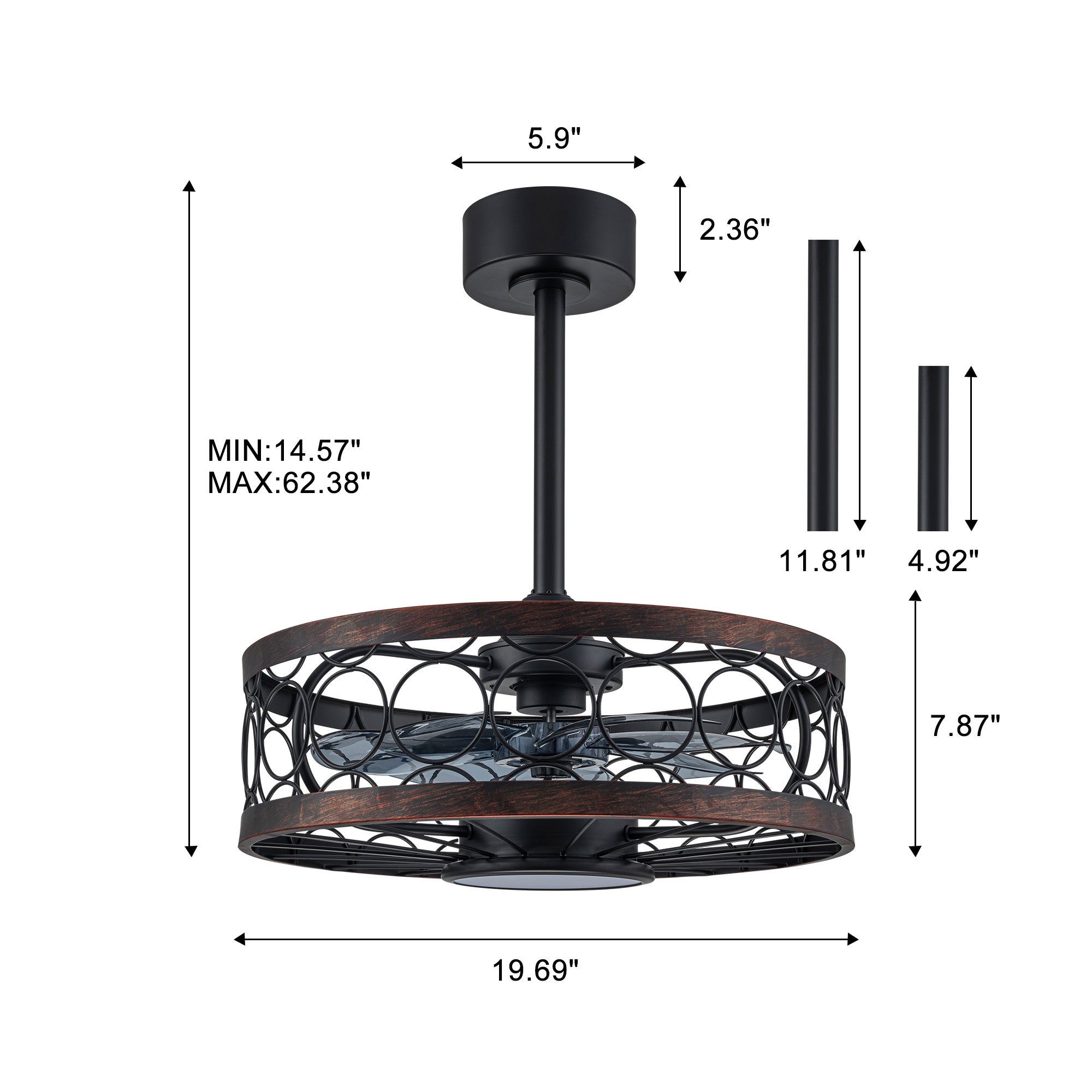 Glowlings Modern Industrial 20" Ceiling Fan with Light - 3-CCT LED Black Caged Fandelier, Low Profile Enclosed Flush Mount Fan with Remote