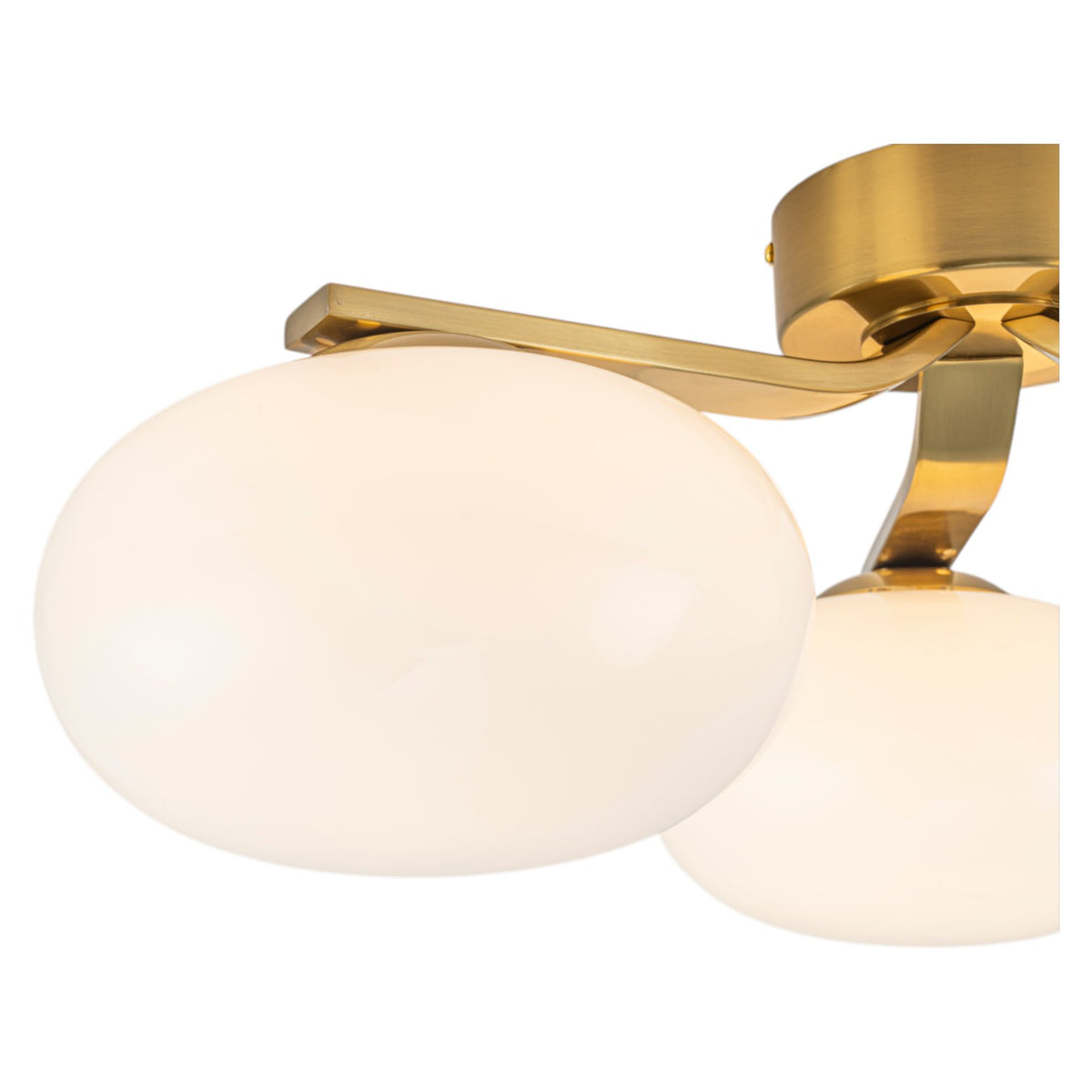 Glowlings Mid-Century 3-Light Sputnik Semi-Flush Mount Ceiling Light, Brushed Brass & Opal Glass Globes