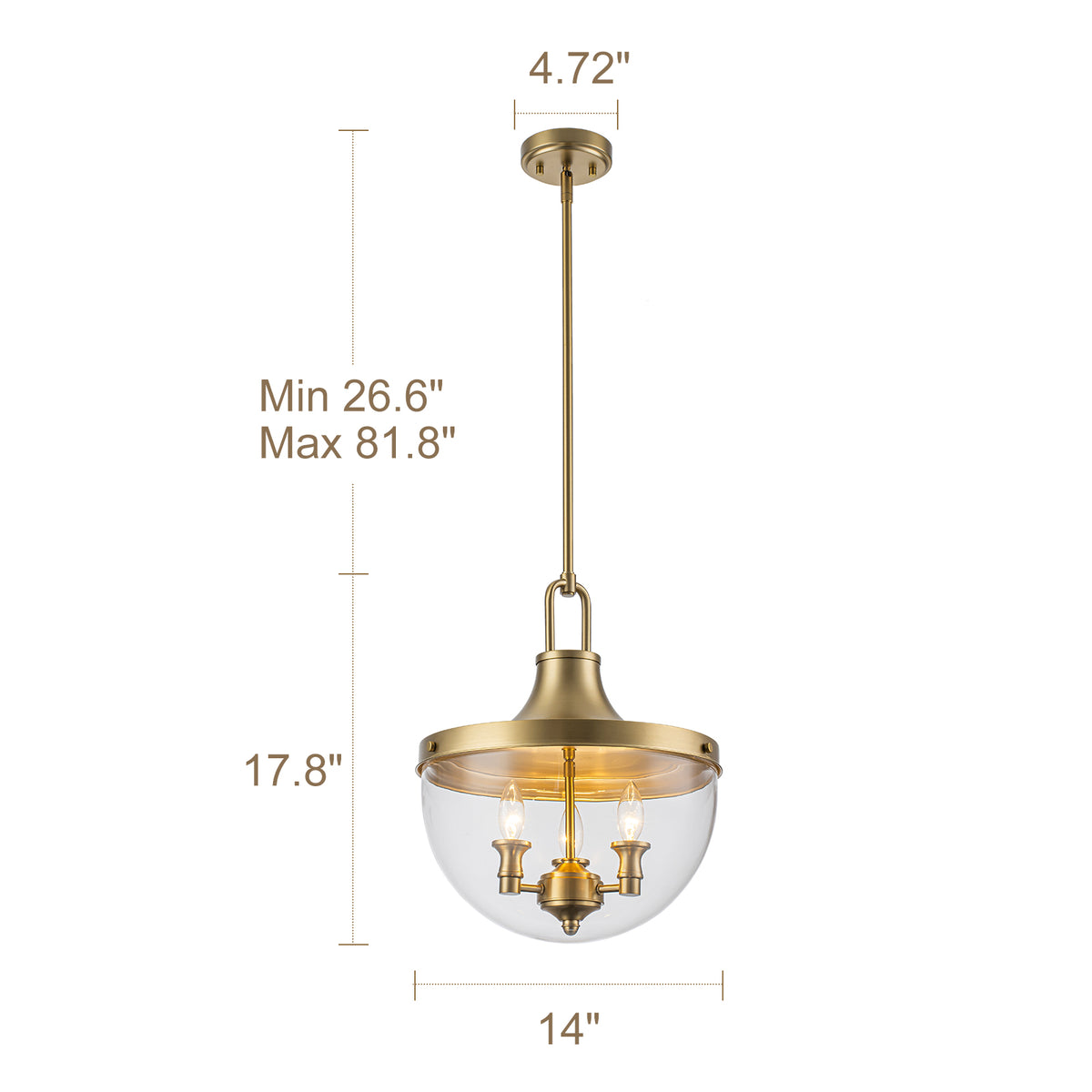 Glowlings Modern Brass Pendant Light Fixture, 3-Light Clear Glass Bowl Chandelier