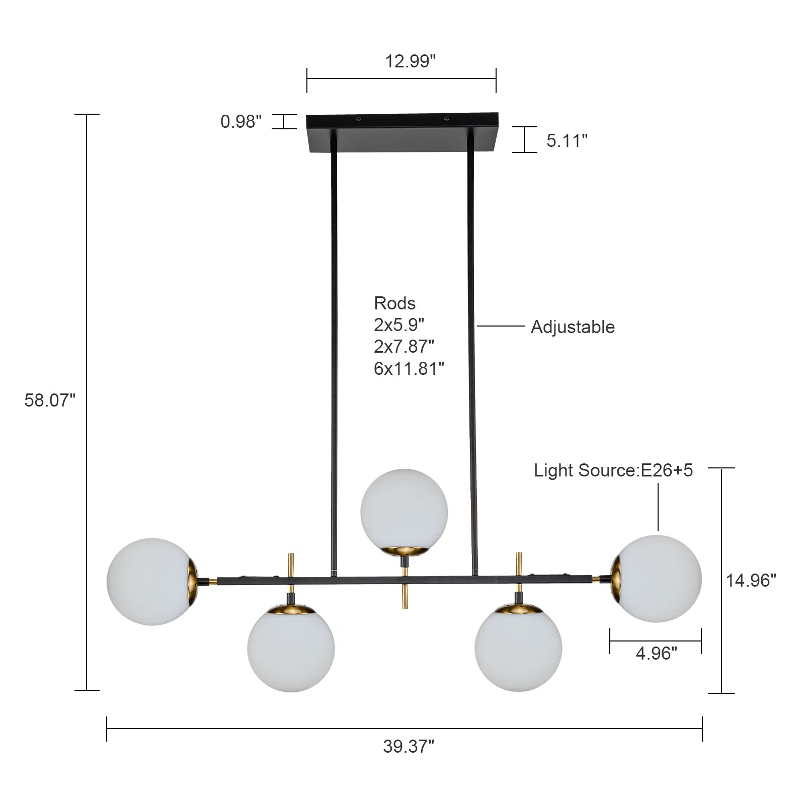 Glowlings Mid-Century 5-Light Glass Globe Linear Chandelier