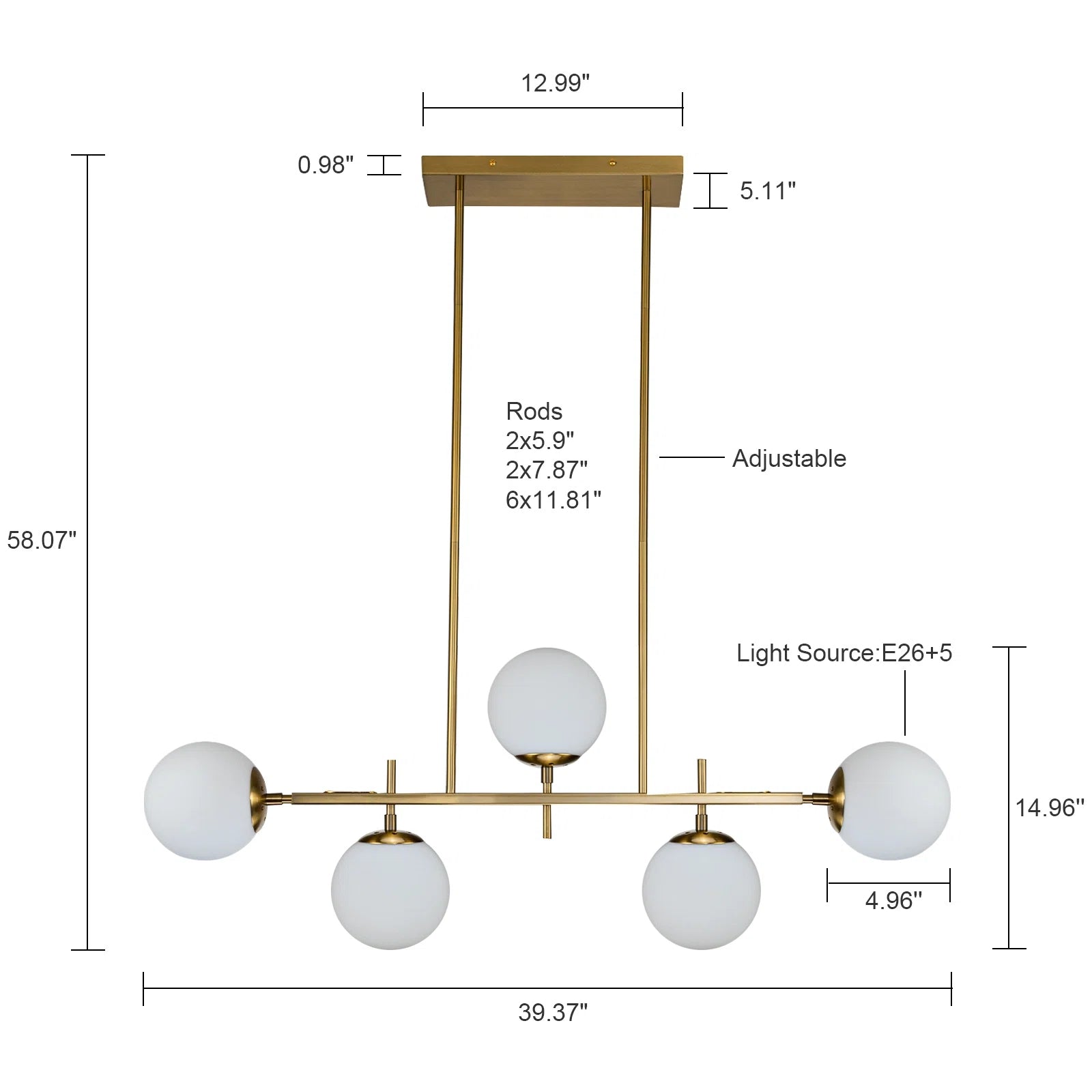 Glowlings Mid-Century 5-Light Glass Globe Linear Chandelier