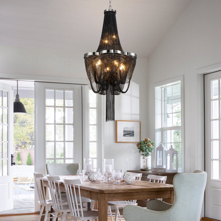 Glowlings 8-Light Empire Unique Statement Black Hanging Chain Tassel Chandelier