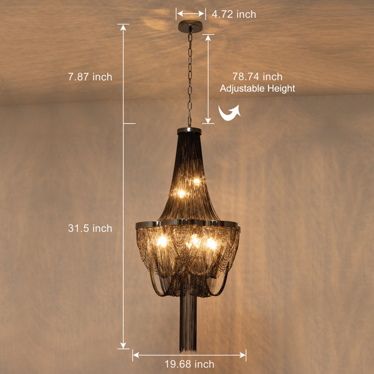 Glowlings 8-Light Empire Unique Statement Black Hanging Chain Tassel Chandelier