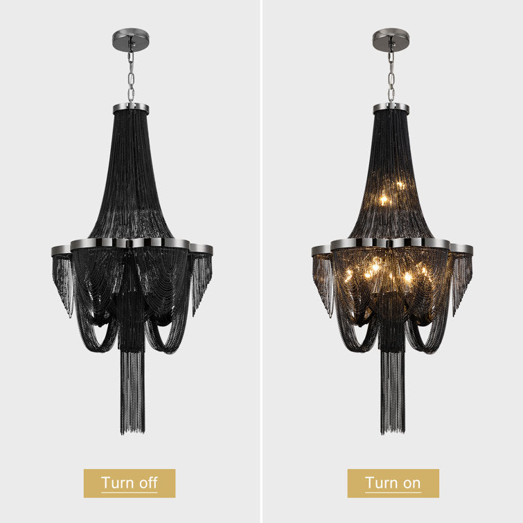 Glowlings 8-Light Empire Unique Statement Black Hanging Chain Tassel Chandelier
