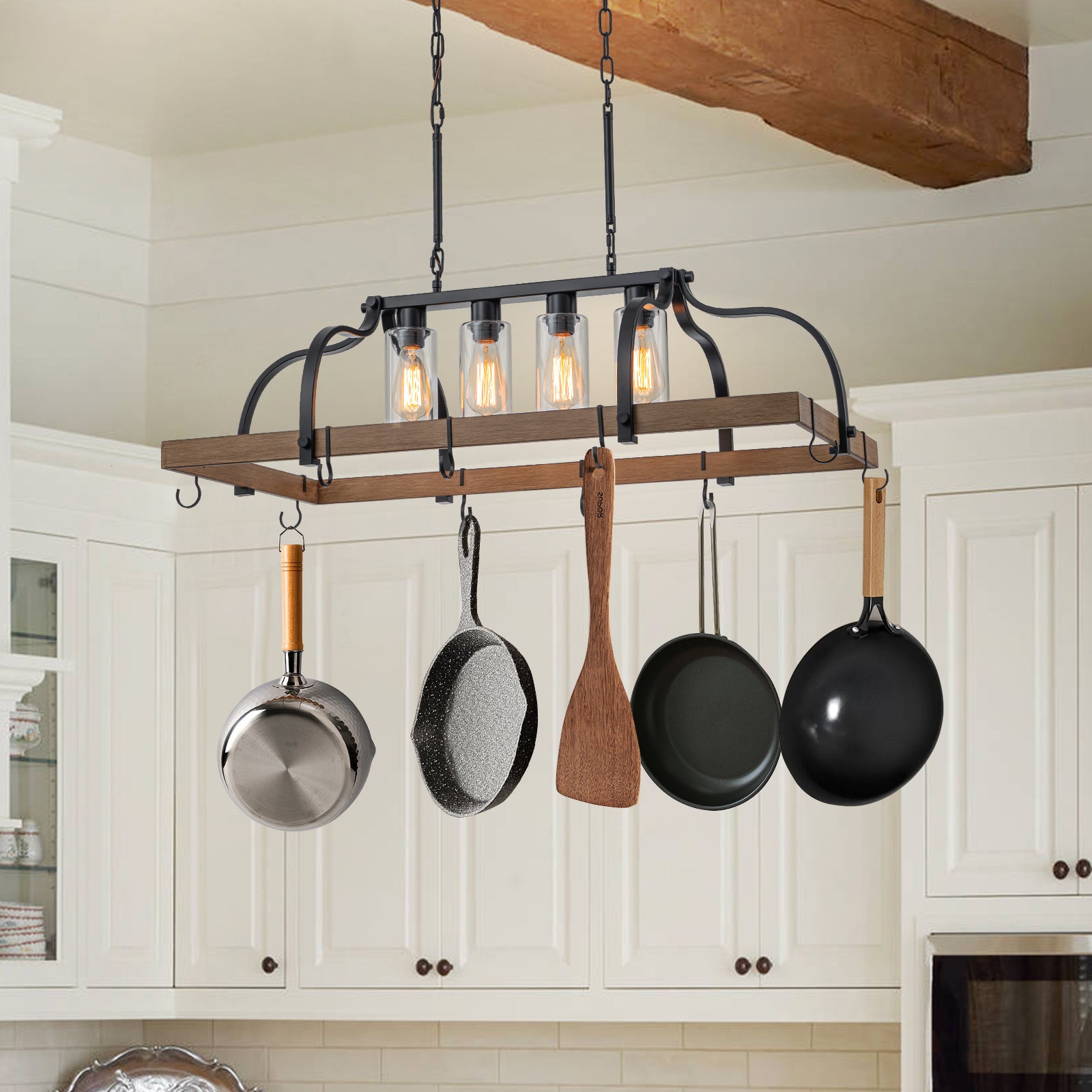 Glowlings 4-Light Rustic 39"Wide Large Bronze Wood Linear Pot Rack Chandelier with Hooks