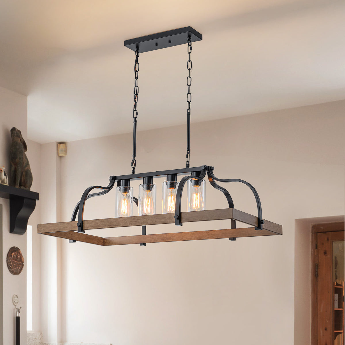 Glowlings 4-Light Rustic Modern Farmhouse Pot Rack Chandelier with Han