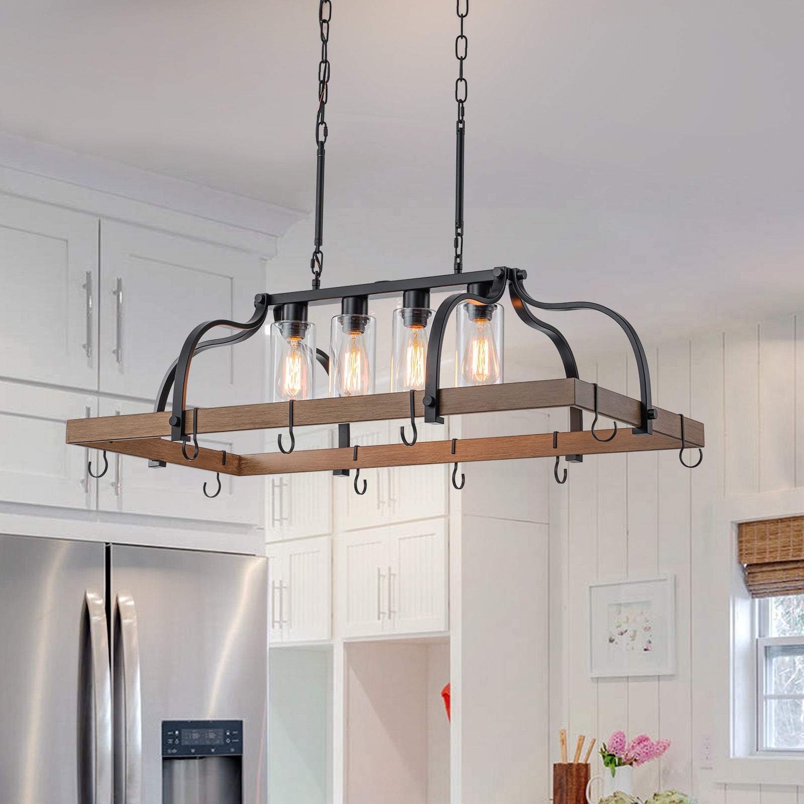 Glowlings 4-Light Farmhouse 39"Wide Large Bronze Linear Wood Chandelier with Hooks